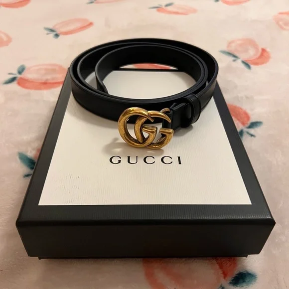 ベルト Gucci Thin Belt With Double G Buckle Gucci Women's Marmont GG Thin Belt, Black (Black, 70 cm